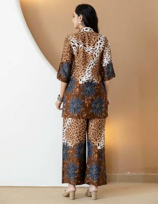 Brown silk floral print ethnic kurta palazzo set 3