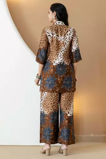 Brown silk floral print ethnic kurta palazzo set