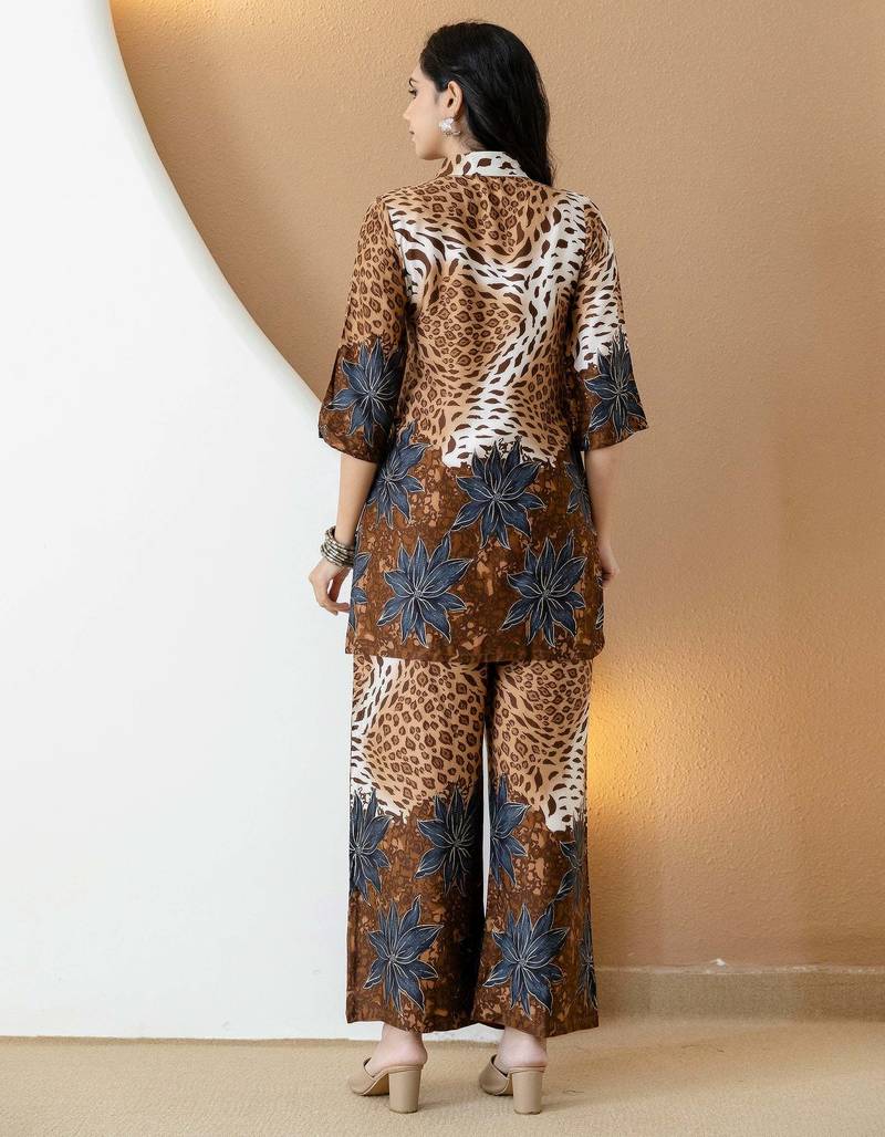 Brown silk floral print ethnic kurta palazzo set