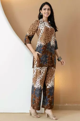 Brown silk floral print ethnic kurta palazzo set