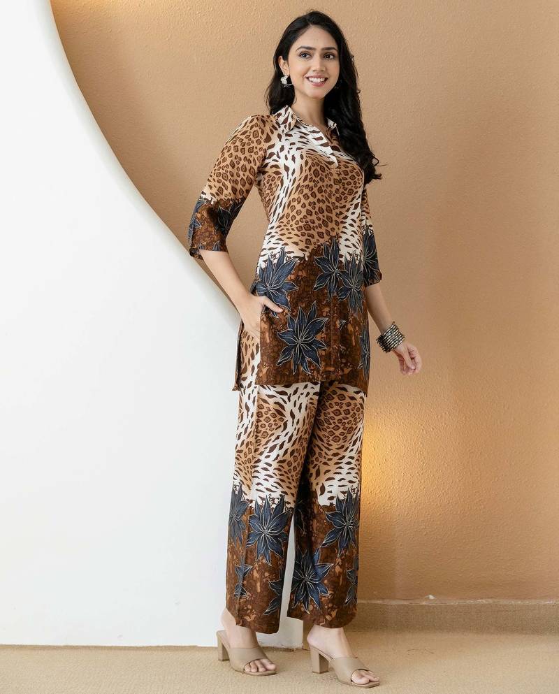 Brown silk floral print ethnic kurta palazzo set