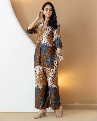 Brown silk floral print ethnic kurta palazzo set 5