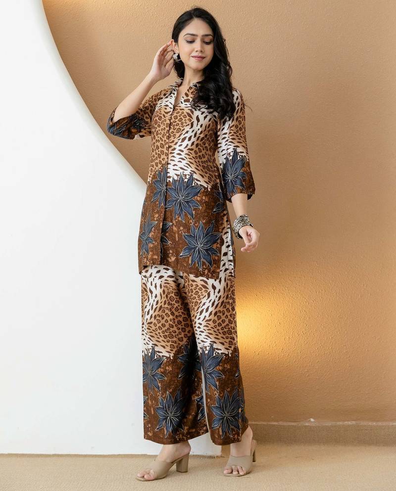 Brown silk floral print ethnic kurta palazzo set