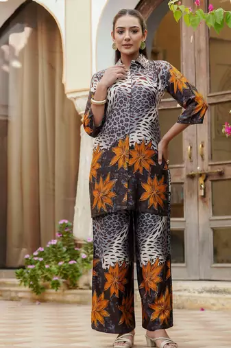 Grey silk floral print ethnic kurta palazzo set