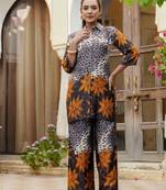 Grey silk floral print ethnic kurta palazzo set
