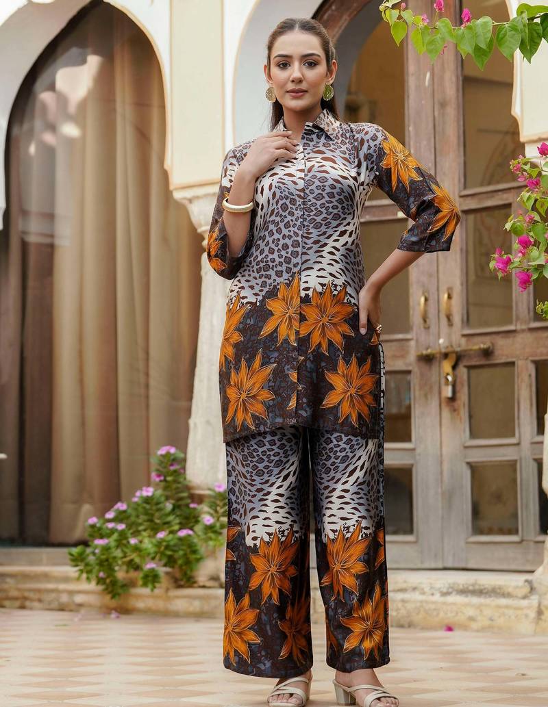 Grey silk floral print ethnic kurta palazzo set