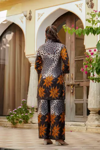 Grey silk floral print ethnic kurta palazzo set