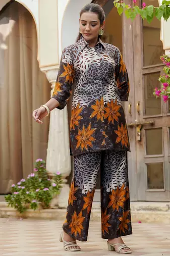 Grey silk floral print ethnic kurta palazzo set