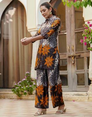 Grey silk floral print ethnic kurta palazzo set 5