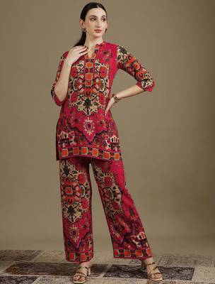 Pink rayon geometric print ethnic kurta palazzo set 1