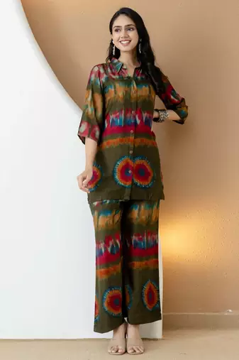 Olive silk tie dye printed ethnic kurta palazzo set