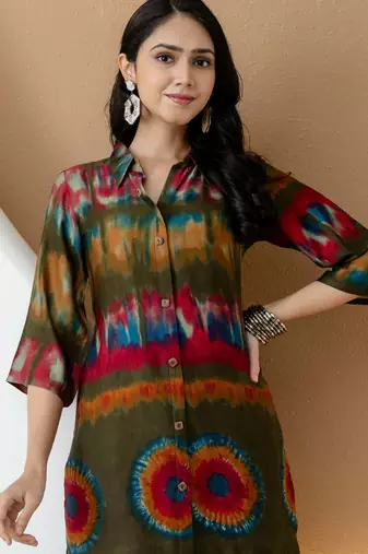 Olive silk tie dye printed ethnic kurta palazzo set