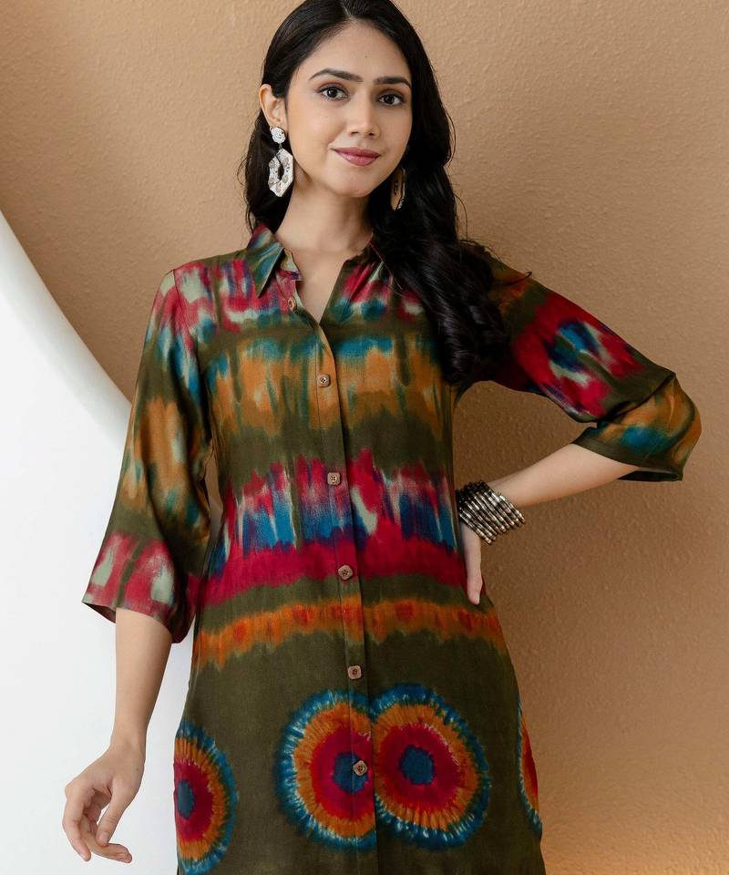 Olive silk tie dye printed ethnic kurta palazzo set