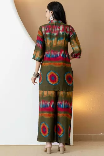 Olive silk tie dye printed ethnic kurta palazzo set