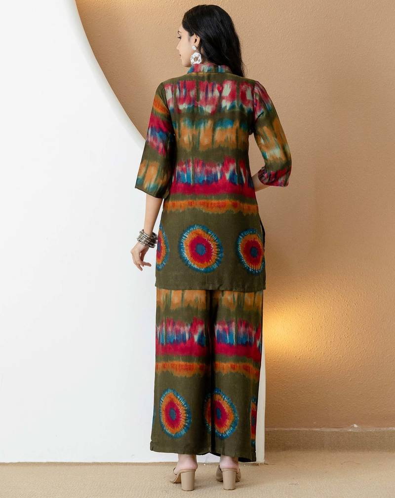 Olive silk tie dye printed ethnic kurta palazzo set