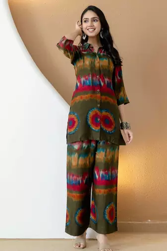 Olive silk tie dye printed ethnic kurta palazzo set