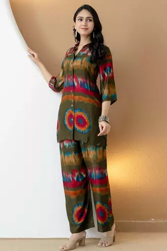 Olive silk tie dye printed ethnic kurta palazzo set