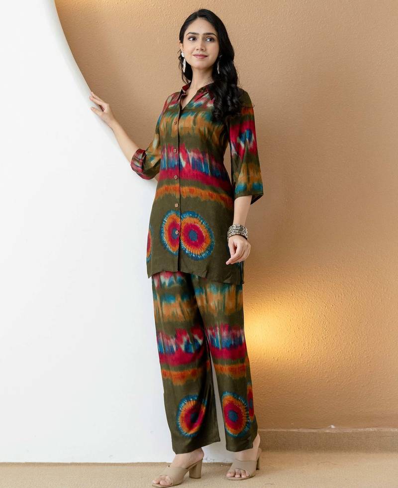 Olive silk tie dye printed ethnic kurta palazzo set