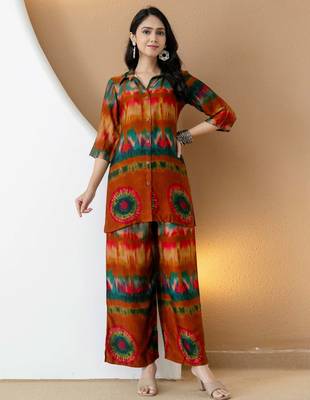 Orange silk tie dye printed ethnic kurta palazzo set 1