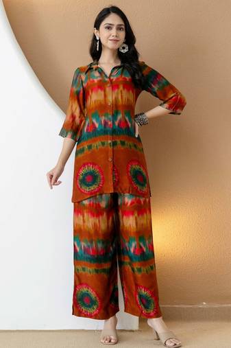 Orange silk tie dye printed ethnic kurta palazzo set