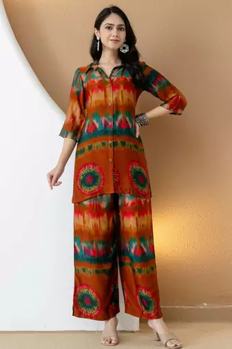 Orange silk tie dye printed ethnic kurta palazzo set
