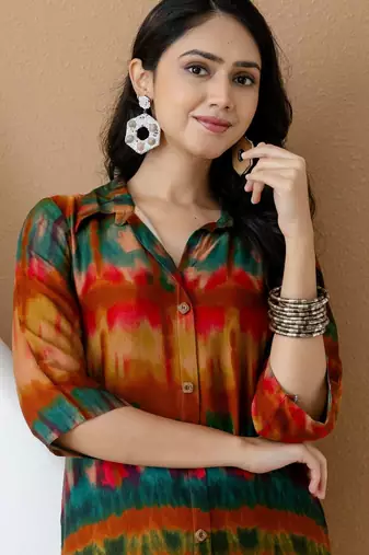Orange silk tie dye printed ethnic kurta palazzo set