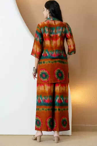 Orange silk tie dye printed ethnic kurta palazzo set
