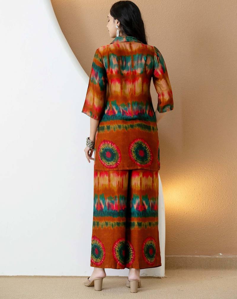 Orange silk tie dye printed ethnic kurta palazzo set