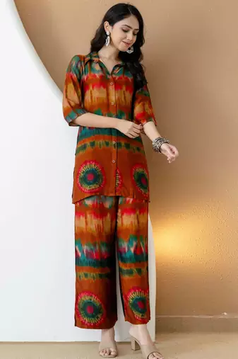 Orange silk tie dye printed ethnic kurta palazzo set