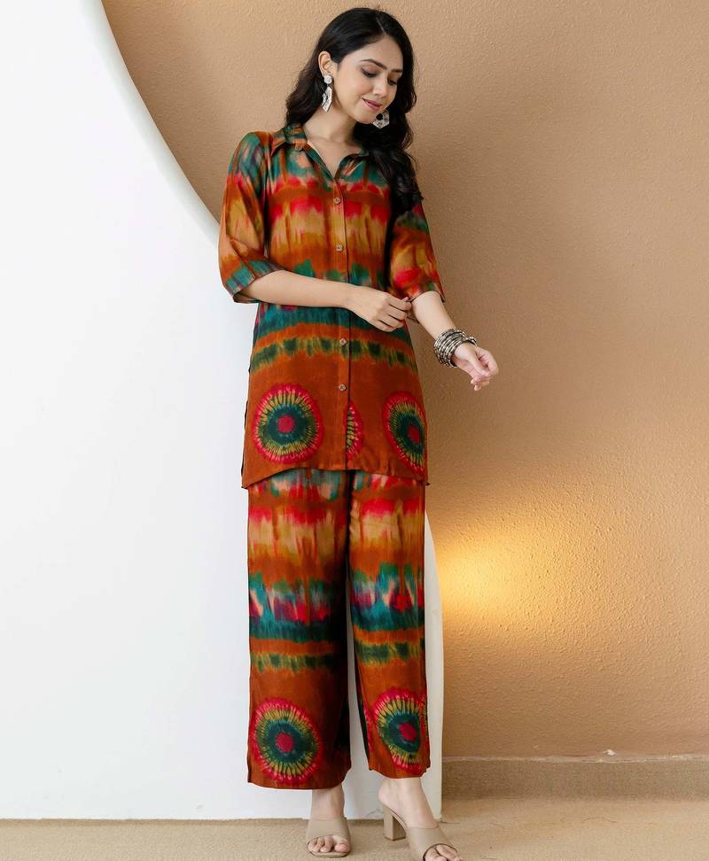 Orange silk tie dye printed ethnic kurta palazzo set