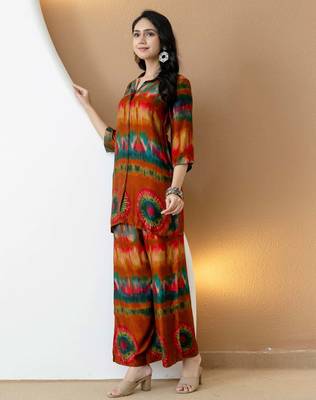 Orange silk tie dye printed ethnic kurta palazzo set 5