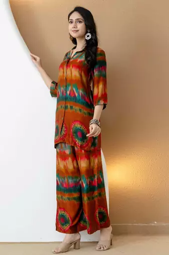 Orange silk tie dye printed ethnic kurta palazzo set