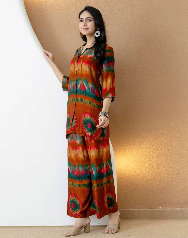 Orange silk tie dye printed ethnic kurta palazzo set