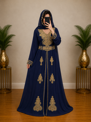 Navy Blue Gold Embroidered Moroccan Kaftan Dress 1