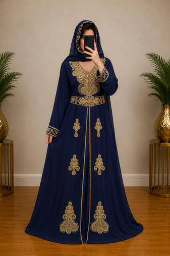 Navy Blue Gold Embroidered Moroccan Kaftan Dress