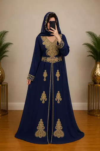 Navy Blue Gold Embroidered Moroccan Kaftan Dress