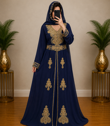 Navy Blue Gold Embroidered Moroccan Kaftan Dress