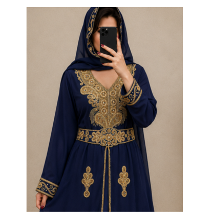 Navy Blue Gold Embroidered Moroccan Kaftan Dress 2