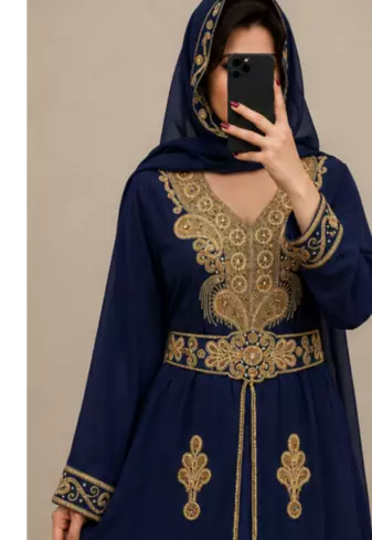 Navy Blue Gold Embroidered Moroccan Kaftan Dress