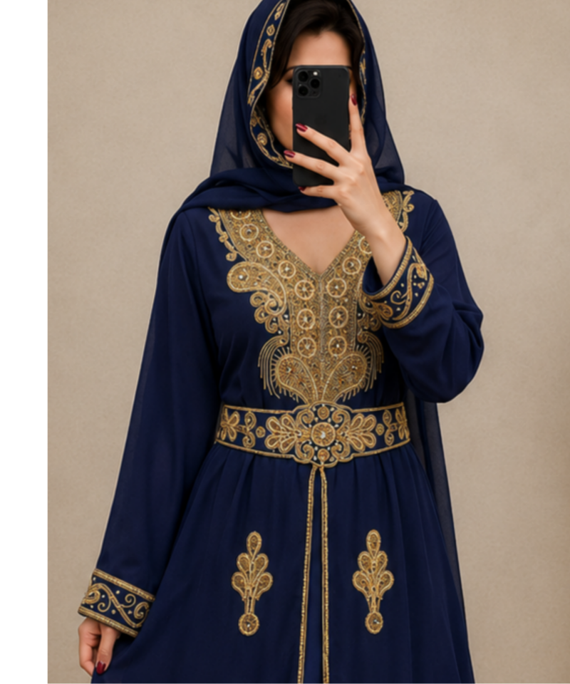 Navy Blue Gold Embroidered Moroccan Kaftan Dress
