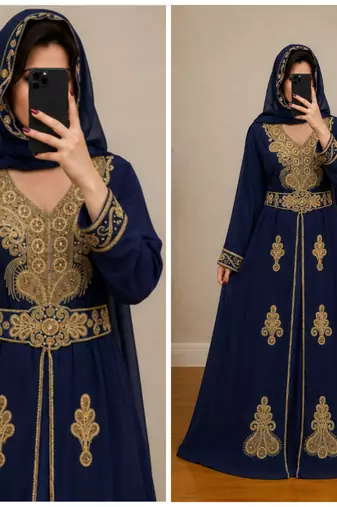 Navy Blue Gold Embroidered Moroccan Kaftan Dress