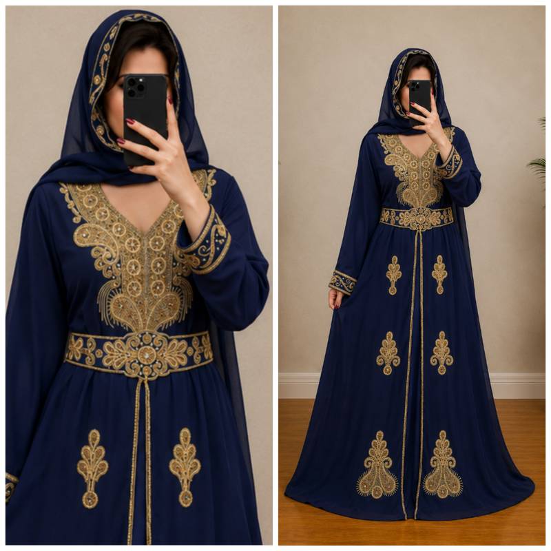 Navy Blue Gold Embroidered Moroccan Kaftan Dress