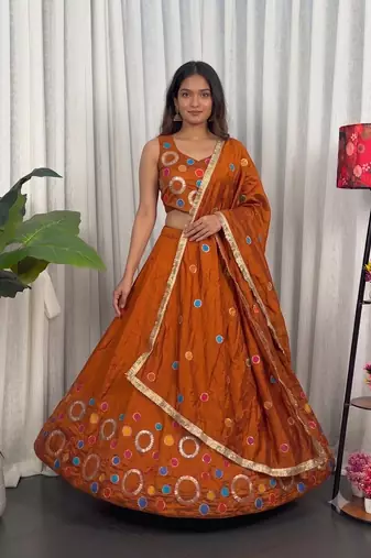 Navratri Special Rust Orange Mirror Work Chaniya Choli