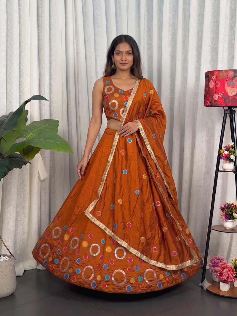 Navratri Special Rust Orange Mirror Work Chaniya Choli