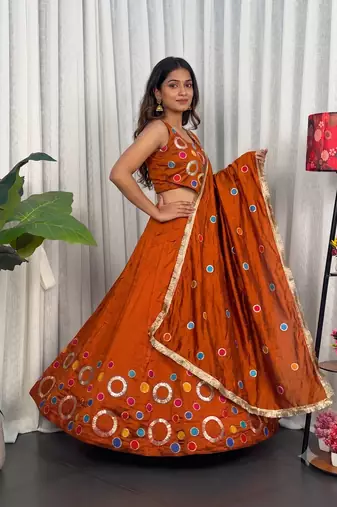 Navratri Special Rust Orange Mirror Work Chaniya Choli