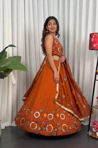 Navratri Special Rust Orange Mirror Work Chaniya Choli