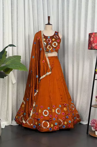 Navratri Special Rust Orange Mirror Work Chaniya Choli