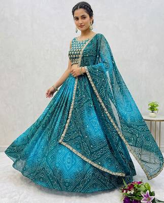 Women's Teal Bandhani Print Georgette Chaniya Choli Set for Wedding & Garba 1