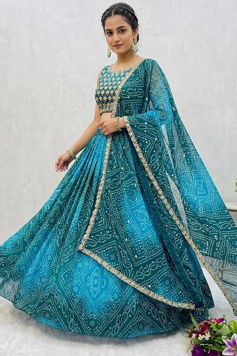 Women's Teal Bandhani Print Georgette Chaniya Choli Set for Wedding & Garba