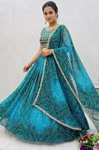 Women's Teal Bandhani Print Georgette Chaniya Choli Set for Wedding & Garba